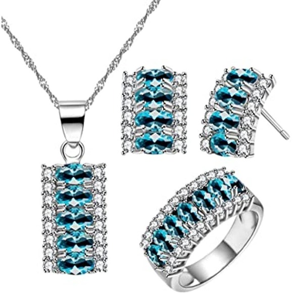 Platinum Plated Necklace Earring Ring CZ Cubic Rhinestone Necklace Blue Earrings - Picture 4 of 8